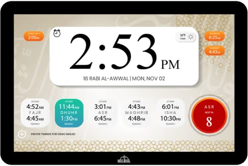 Masjidal 14 Digital Azan Clock, WiFi, Dynamic Touchscreen, Worldwide Prayer Times, Full Quran Player, Islamic Art, Streaming Halal Muslim Content Including Duas, Dhikr, Hadith, Verse of the Day, Blk