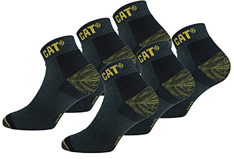 CAT Caterpillar 6 Paar Sneaker Herren-Arbeitsschutzsocken, doppelte Verstärkung an Zehen und Ferse, hochwertige Garne, Baumwollschwamm (Schwarz