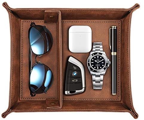 SITHON Taschenleerer, Tablett Organizer Ablage Aufbewahrungsbox Abnehmbare 2 Fächer Kunstleder Ablageschale für Handy Schmuck Schlüssel Kleingeld Geldbörse und Büroausstattung, (Braun)