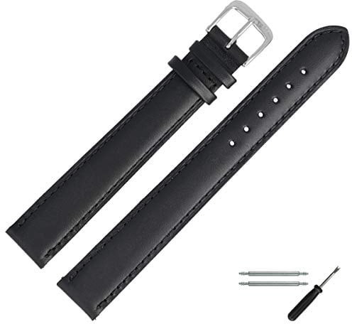 MARBURGER Uhrenarmband 20mm Leder Schwarz Silber Glatt Mit Naht - Montage Set 1012010000120