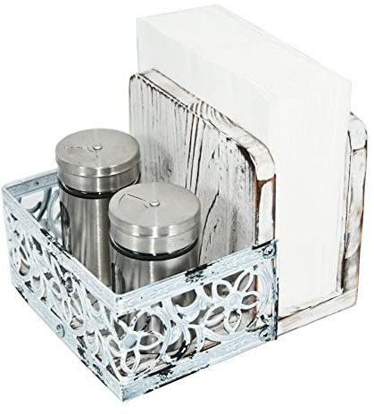 Owlgift Rustic Whitewashed Wood Condiment Tabletop Serving Caddy with Napkin Holder, Freestanding Salt & Pepper Napkin Holder