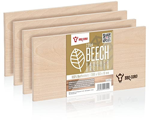 BBQ-Toro Lot de 4 Planches à Fumer en 100% Bois de hêtre - 30 x 15 x 1 cm - Planche à Griller pour créer des arômes de fumée pour Poisson, Viande, légumes, pâtisseries - Planche pour Barbecue