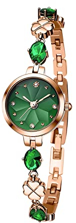 TIME100 Uhr Damen Analog Quarz Armbanduhr Glücksblatt Elegant Luxuriös Vergoldet Edelstahl Schlicht Armreif Modisch Jade Zifferblatt Rosegold