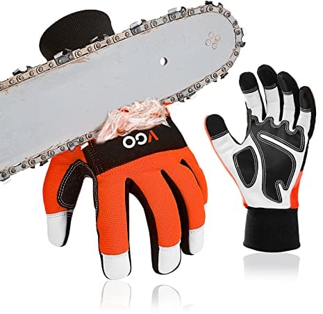 Vgo... Guantes de motosierra anticortes acolchados en 12 capas en ambas manos, guantes de trabajo de piel caprina protección de sierra con pantalla táctil