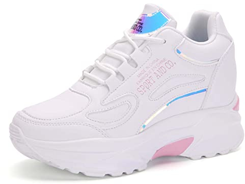 MIXSEN Scarpe da Ginnastica con Zeppa Interna da Donna Sneakers Alte con Zeppa Leggere Casual Plateau Alta 8 CM(Bianco-Rosa,35)