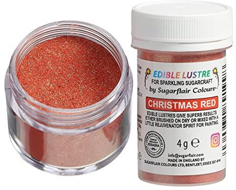 Sugarflair Christmas Red Edible Lustre Dust (E171 Free), Add a Lustrous Shine to Cakes or Decorations. Brush On or Add Rejuvenator to Create Eye-Catching Edible Paint - 4g