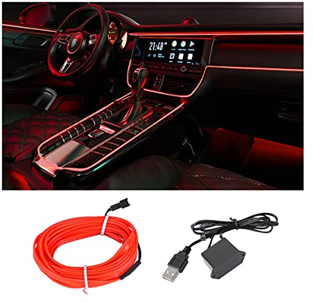 CGEAMDY Striscia LED per Auto Al Neon, Illuminazione Ambiente Kit Decorazioni Auto Accessori Interni, Neon Wire 500CM Con Protezione Fusibile per Auto, Filo Elettroluminescente (Rosso)