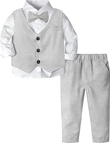 mintgreen Completi da matrimonio per bambini, set di 3 pezzi in tweed a spina di pesce per battesimo, composto da camicia + gilet + pantaloni + papillon, 1-4 anni, Grigio chiaro, 4-5 Years