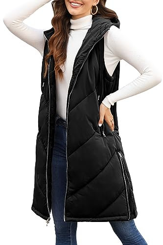 UMIPUBO Gilet Donna Lungo Giacca con Cappuccio Invernali Caldo Cappotto Senza Maniche Spesso Gilet Giubbotto con Cerniera Termica Imbottito Giacche Lunga Cappotti con Tasche (Nero, XL)