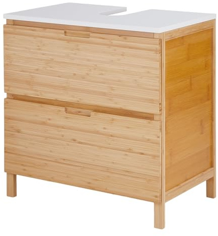BUTLERS Waschtischunterschrank 60x39x62 cm Bambus - White Sands | Farbe Braun-Weiß - Badunterschrank für Waschbecken - Badezimmerunterschrank für Handtücher - Badmöbel mit Schublade