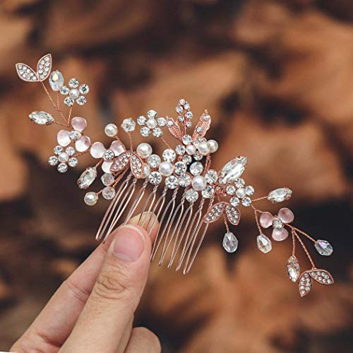 Ushiny Pettine per capelli da sposa in cristallo, in oro rosa, per donne e ragazze