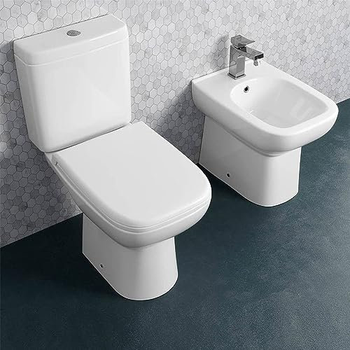 Coppia di sanitari monoblocco con scarico a pavimento e cassetta in ceramica, bidet FILOMURO e copriwc originale, ORIGIN