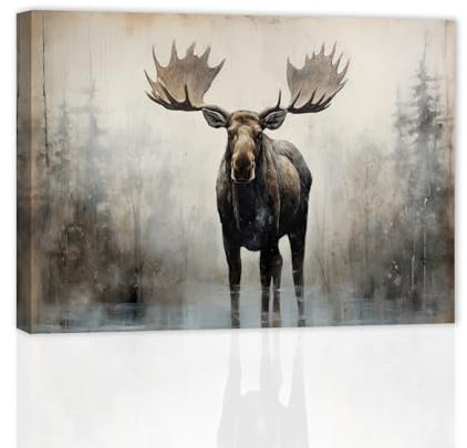 ZXHYWYM Großer Elch Wanddruck Wildtier Leinwandbilder rustikale Waldwildnis Tiermalerei Elmer Elch Kunstwerk für die Wanddekoration zu Hause in der Hütte mit Rahmen (C (40.00 x 60.00 cms))