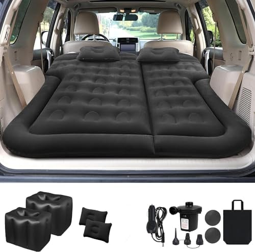 LZMOON Matelas gonflable pour SUV, lit de camping de voiture, matelas gonflable épais avec flocage et surface en PVC, pour voyage, randonnée, matelas gonflable pleine taille (noir)