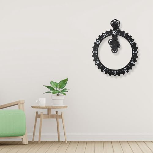Tonysa Zahnrad-Wanduhr-Körper, 3D-bewegliche Zahnraduhr, Zahnrad-Wanduhr, Retro, Große Hängende Zahnraduhr, Rotierende Mechanische Stundenrad-Wandkunst, Dekorative Uhr (Black)