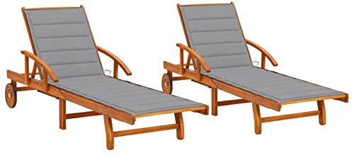 SECOLI 2X Sonnenliege klappbar Holz Sonnenliege Holz mit Rollen Gartenliege Holz mit Auflage Gartenliege klappbar Akazie Massivholz-Grau-2 Sonnenliegen