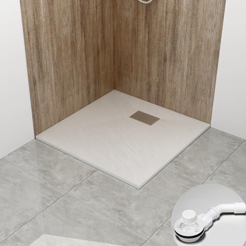 WITEN&NOCK SMC Duschwanne 90x90cm weiß Brausewanne Duschtasse 3,2cm extra flache Steinoptik Antirutsch inkl. Edelstahl Abdeckung und Ablaufgarnitur Ø90mm Siphon