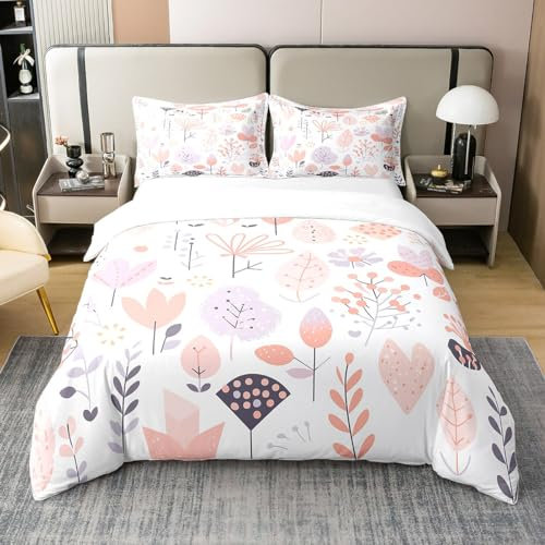 Girly Floral Love Coton Housse de Couette Violet Rose Motif de Branche de Feuille Housse de Confort Fleur Drap Housse de Couette Décoration de Chambre 240 x 260,Rose Violet