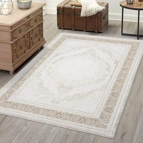 carpet city Teppich Wohnzimmer - Creme - 120x170 cm - Klassisch Modern - Ornamente, Bordüre - Teppiche Kurzflor Schlafzimmer, Esszimmer