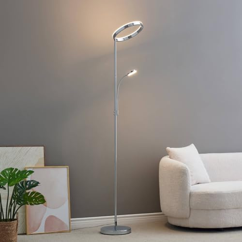 KOSILUM – Stehleuchte, Chrom, dimmbar, doppelte Beleuchtung, Pancho, warmweißes Licht, Beleuchtung für Wohnzimmer, Schlafzimmer, Küche, Flur, 17 W, 2120 lm, integrierte LED, IP20