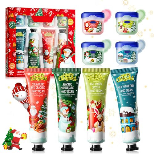 WEILAOK 8 Stück Mini Handcreme Weihnachten Set, Handcreme Set, Handcreme Weihnachten, Mini Handcreme+lip Balm Weihnachten, Kleine Weihnachtsgeschenke für Frauen Männer, Feuchtigkeitsspendend