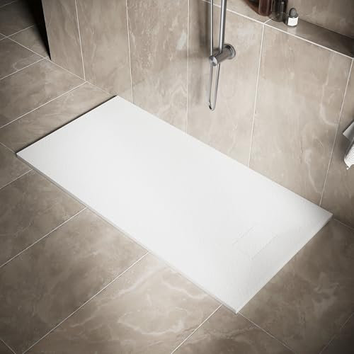 SIRHONA - Plato de ducha, 160 x 80 cm, antideslizante, rectángulo blanco, material de resina SMC, con sifón
