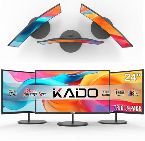 Kado 3-Pack 24 Curved 1500R 1920x1080 75Hz Full HD Computer Monitor | Triple Monitor Setup HDMI Office Gaming Hybrid, VESA Wall Mount Arm Mount Built-in Speakers, Panoramic Display Multi-tasking