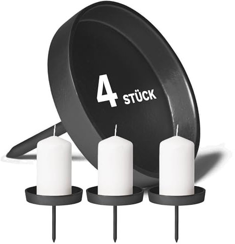 Novaliv 4X Kerzenpick flach 8,5cm Schwarz Aluminium Weihnachtskranz Kerzenständer Adventskranzdeko Kerzenhalter Adventskranz Adventskerzenhalter Kerzenteller zum Stecken rund Kerzenpin - ohne Kerzen