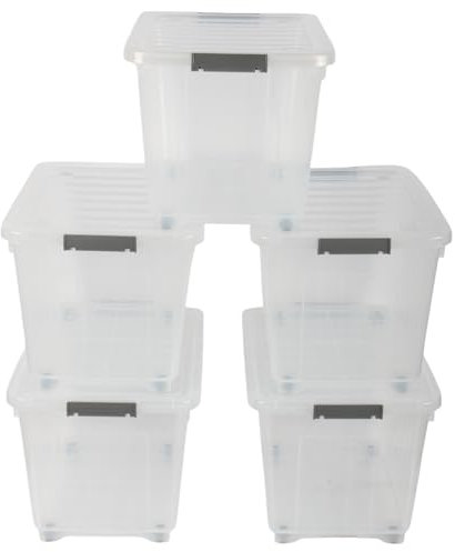 Jolie Max 27L Storage Boxes with Wheels, Durable Plastic Storage Containers with Lids, Stackable & Nestable Design with Side Latching Buckles, Transparent High-Grade Plastic– 45 x 33 x 30 cm (5)
