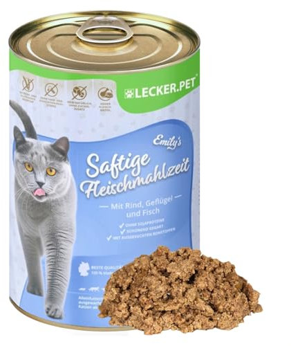 Lecker.Pet® | 6 x 400 g Emily's Saftige Fleischmahlzeit mit Rind, Geflügel & Fisch Katzen Nassfutter | Hochwertiges Katzenfutter | Glutenfreie Vollnahrung ohne Zucker| Reich an Proteinen & Vitaminen