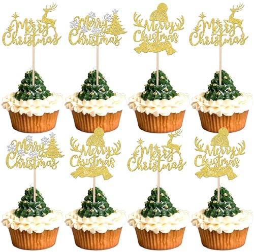 Xsstarmi 24 Pack Merry Christmas Cupcake Toppers Gold Glitter Christmas Hat Deer Elk Christmas Tree Cupcake Picks for Winter Christmas Theme Xmas Holiday Birthday Party Cake Decorations Supplies
