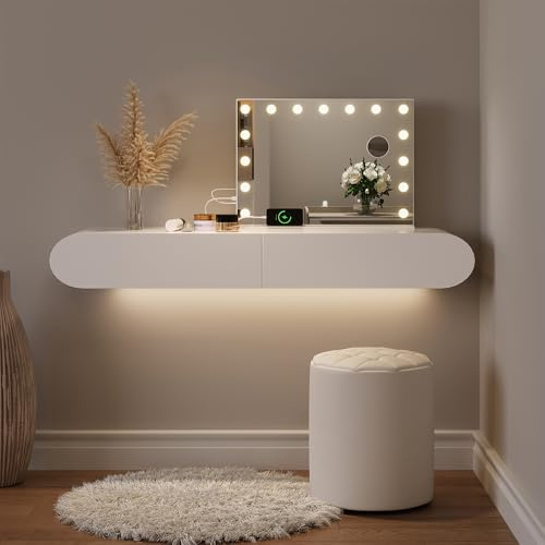 Vicco Schminktischspiegel Greta, Weiß, 58 x 47 cm | mit LED-Beleuchtung, mit integriertem 10-fach-Kosmetikspiegel und USB-Anschluss