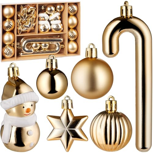 BRUBAKER 24 Stück Christbaumschmuck Gold - Weihnachtskugel Set | mit Schneemann, Stern und Zuckerstangen Anhängern - Gemusterte Baumkugeln - Christbaumkugel-Set - Baumschmuck glänzend