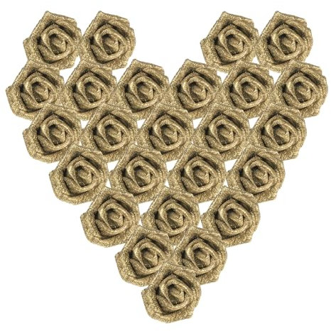 PATIKIL Rose Glitter, 25 Pc Fiori Artificiali in Schiuma Rose Teste di Fiori Finti dall'aspetto reale con Stelo per Bouquet Nuziali Fai da Te Centrotavole Ghirlande, Oro