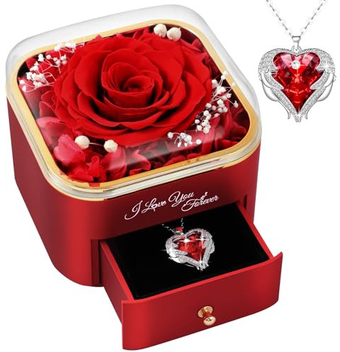 Rosa Stabilizzata Eterna, Vera Rosa Eterna con Collana Regali per Lei, Festa Della Mamma Idee Regalo, Ti Amo per Sempre Regalo, Idee Regalo Donna, Regalo Anniversario Matrimonio (Rosso)