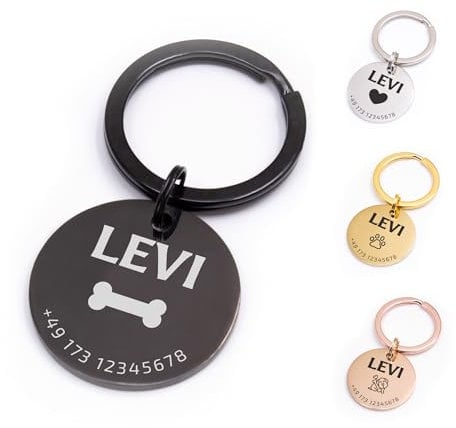 FELLSOCKE Personalisierte Hundemarke aus Edelstahl - 25mm | 30mm | 35mm, Individuell gravierbar, Robuste Tiermarke, Dogtag Anhänger Hunde, Pferde, Katzen & Welpen (Schwarz, 30 mm)