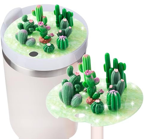 EYxsaxenk Kaktus-Tassenaufsatz, Dekoration – grüner Kaktus, rosa Blume, Deckelaufsatz für Tasse, 1,2 l, Zubehör, Abdeckkappe, Trinkflasche, Sport-Trinkflasche, Glitzer-Dekoration für Frauen und