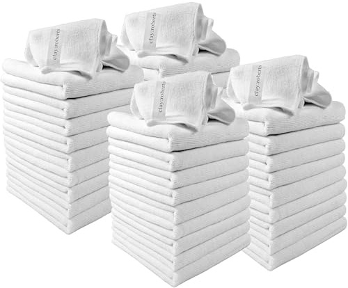 Clay Roberts Microfibre Cleaning Cloths, 40cm x 30cm - Pack of 40, White Cloths, Machine Washable, Polishing, Waxing & Dusting Cloth, Lint-Free, Kitchen Towel, Car Cleaning, Microfiber