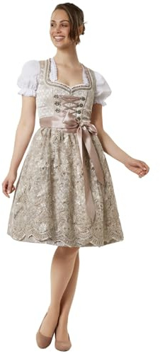 dressforfun Midi Dirndl Damen, Trachten Dirndlkleid Damen, mit Ornamenten und Satin Zierschnürung Trachtenmieder, Trachtenrock, mit Spitzen Schürze Dirndl, mit Dirndlbluse kombinierbar, rosé/beige