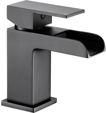 VeeBath Kinetic Square Waterfall Basin Mixer – Modern Matt Black Finish, Single Lever Control, G1/2 BSP Inlet with Pop-Up Waste, Deck Mounted Bathroom Taps, Bath and Basin Taps