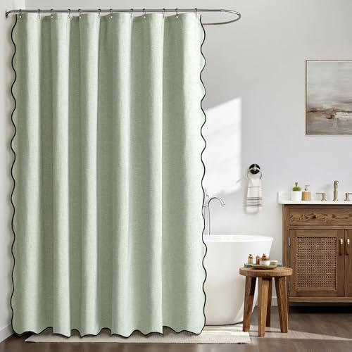 MIULEE Tenda da doccia in lino ondulato 180x200 cm Verde, tende da doccia impermeabili per hotel di lusso, tenda da bagno in tessuto lavabile antimuffa con 12 ganci in metallo.