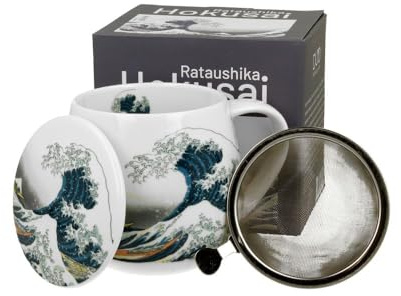 Duo Teebecher mit Sieb & Deckel Inspiriert von K. Hokusai The Great Wave – 0,43l – New Bone China Porzellan