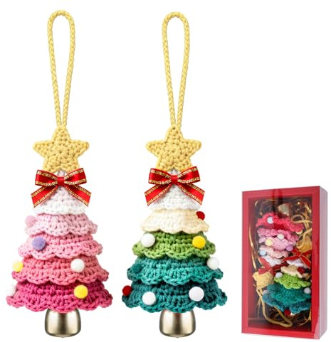 Xiuxhae 2 Lana Ciondoli A Campanella Di Natale Tricotato Mini-Albero Auto,Mini Decorazioni A Campanella Di Albero Di Natale 10cm Con Scatola Regalo,Ornamenti Di Natale Per Auto Riutilizzabile