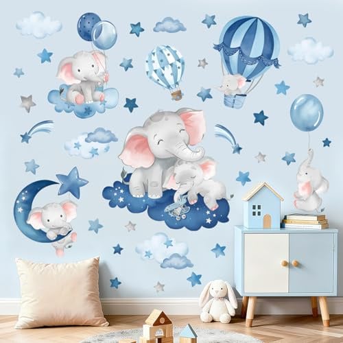 wondever Wandtattoo Elefant Mond Blau Wandsticker Heißluftballon Wolken | Abziehen und Aufkleben, Abziehbar, Wandaufkleber Selbstklebend für Kinderzimmer Babyzimmer Schlafzimmer Wanddeko