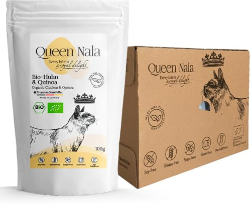QUEEN NALA – Premium ekologiskt våtfoder för katter – kyckling och Quinoa: Premium kattmat utan tillsatser, spannmålsfri och utan socker. Monoprotein och Sensitiv – 24 x 100 g påse