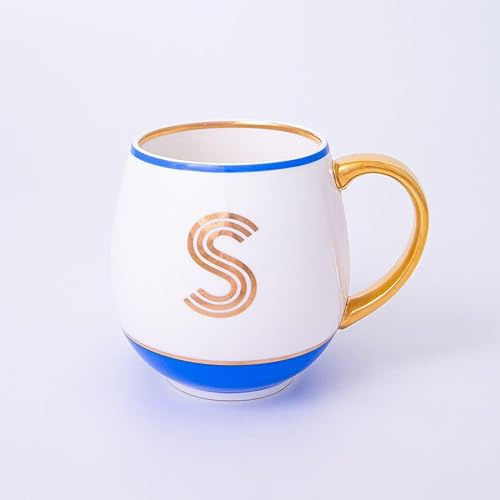 Bombay Duck Library Monogram Fine Bone China Mug, White & Blue with Pink & Gold Details, 450ml, Striped Gift Box, Hand Wash Only, Letter S
