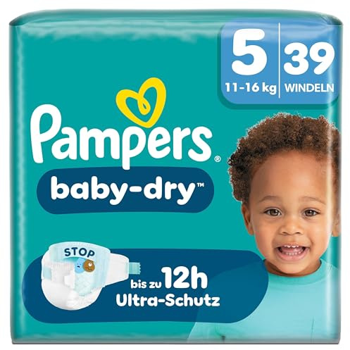 Pampers Baby-Dry Größe 5, 39 Windeln, 11kg-16kg | Bis zu 100% Auslaufschutz & Komfort die ganze Nacht