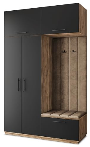 Masseno Flugarderoben Set Rema, Kleiderschrank-Set mit Sitzbank, Garderobenschrank Flur mit 5 Regalböden, Eiche Lefkas/Schwarz
