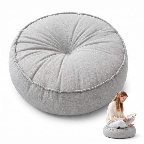 BOFITENG Bodenkissen Outdoor 45 * 45cm Sitzkissen Rund Pouf für Boden und Garten, Wetterfest, Wasserfest, Dickes Matratzenkissen10 cm Hoch Stuhlauflage für Indoor & Outdoor (Hellgrau)