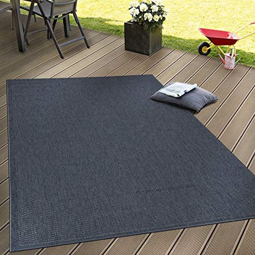 Paco Home Outdoor Teppich wetterfest für Garten, Terrasse & Balkon flachgewebt in Moderner Sisaloptik einfarbig pflegeleicht & UV-beständig Navy-Blau, Grösse:140x200 cm